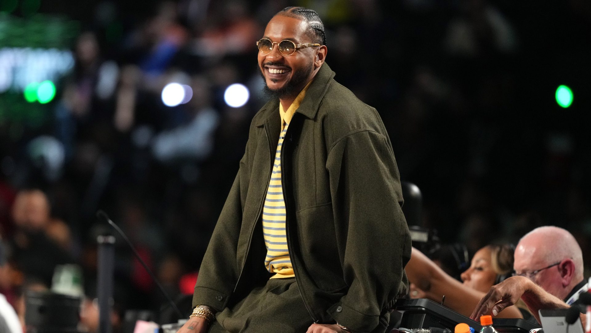 Feb 13, 2026; Inglewood, California, USA; Team Melo honorary coach Carmelo Anthony looks on during an NBA All Star Rising Stars championship game at Intuit Dome. Mandatory Credit: Kirby Lee-Imagn Images