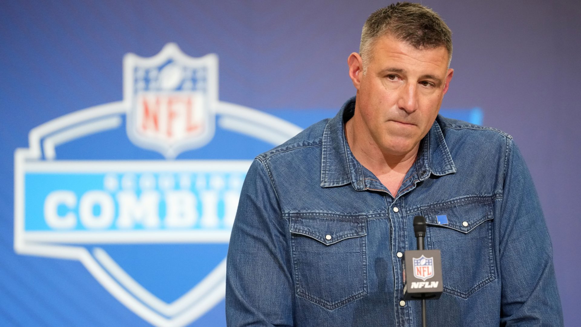 Feb 25, 2026; Indianapolis, IN, USA; New England Patriots coach Mike Vrabel speaks during the NFL Scouting Combine at the Indiana Convention Center. Mandatory Credit: Kirby Lee-Imagn Images