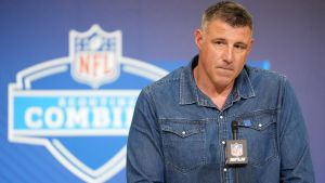 Feb 25, 2026; Indianapolis, IN, USA; New England Patriots coach Mike Vrabel speaks during the NFL Scouting Combine at the Indiana Convention Center. Mandatory Credit: Kirby Lee-Imagn Images