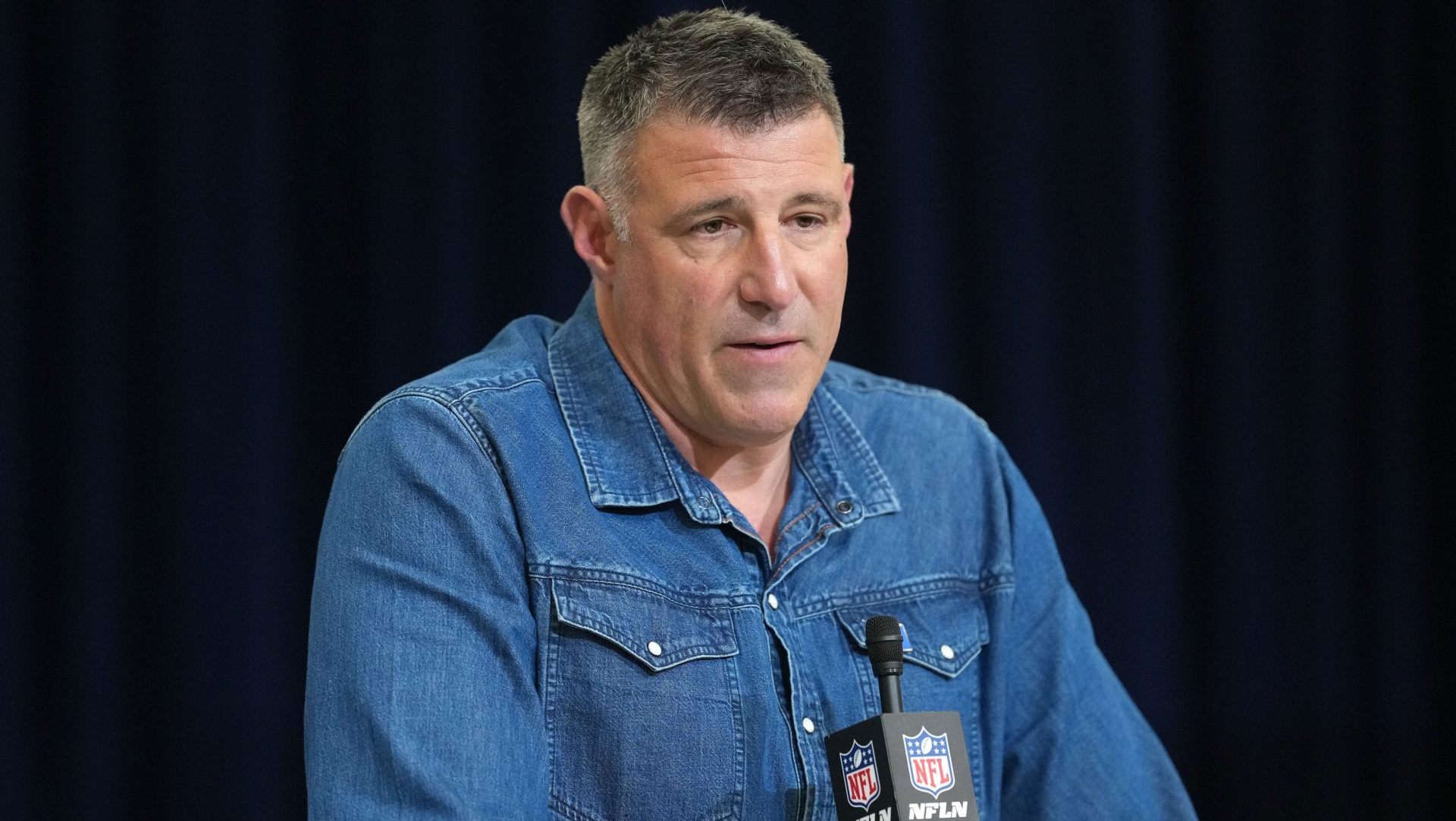Feb 25, 2026; Indianapolis, IN, USA; New England Patriots coach Mike Vrabel speaks during the NFL Scouting Combine at the Indiana Convention Center. Mandatory Credit: Kirby Lee-Imagn Images