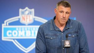 Feb 25, 2026; Indianapolis, IN, USA; New England Patriots coach Mike Vrabel speaks during the NFL Scouting Combine at the Indiana Convention Center. Mandatory Credit: Kirby Lee-Imagn Images