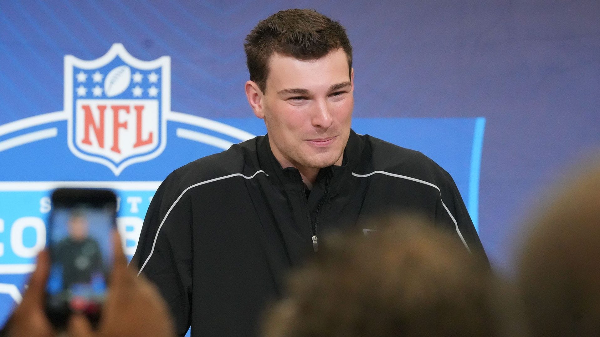 Indiana University quarterback Fernando Mendoza speaks to the media at the 2026 NFL Combine.