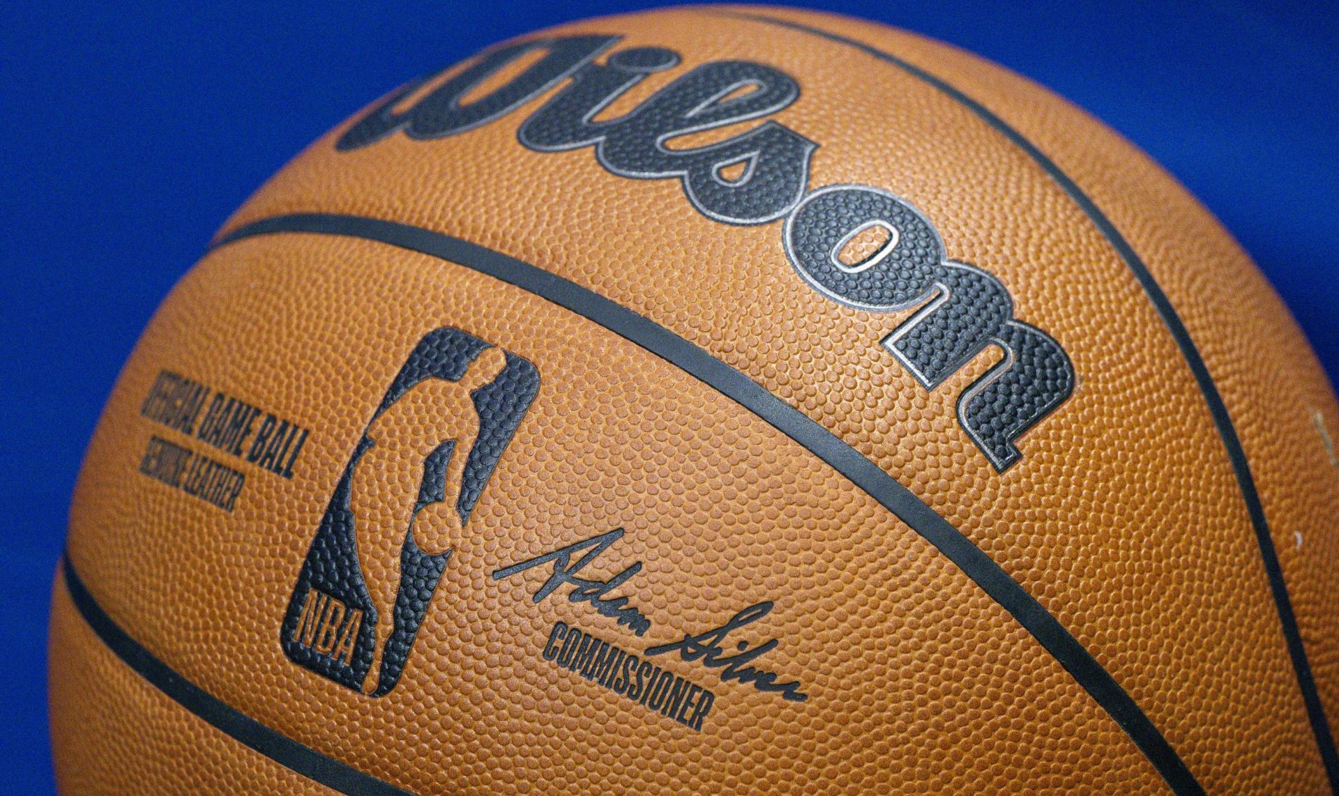 Feb 5, 2026; Dallas, Texas, USA; A view a Wilson NBA basketball and logo during the game between the Mavericks and the Spurs at the American Airlines Center