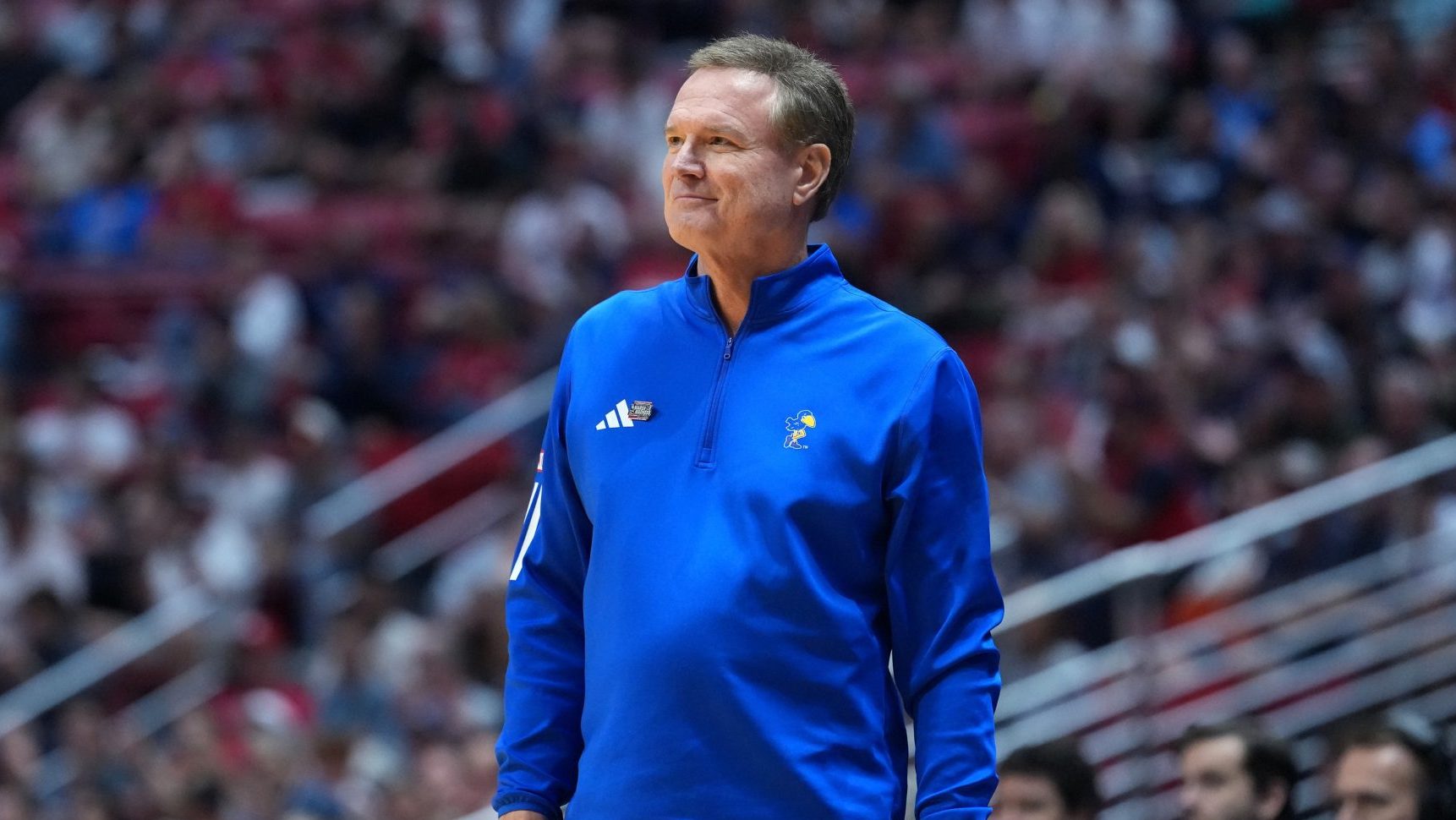 Mar 22, 2026; San Diego, CA, USA; Kansas Jayhawks head coach Bill Self looks on in the first half against the St. John's Red Storm during a second round game of the men's 2026 NCAA Tournament at Viejas Arena.