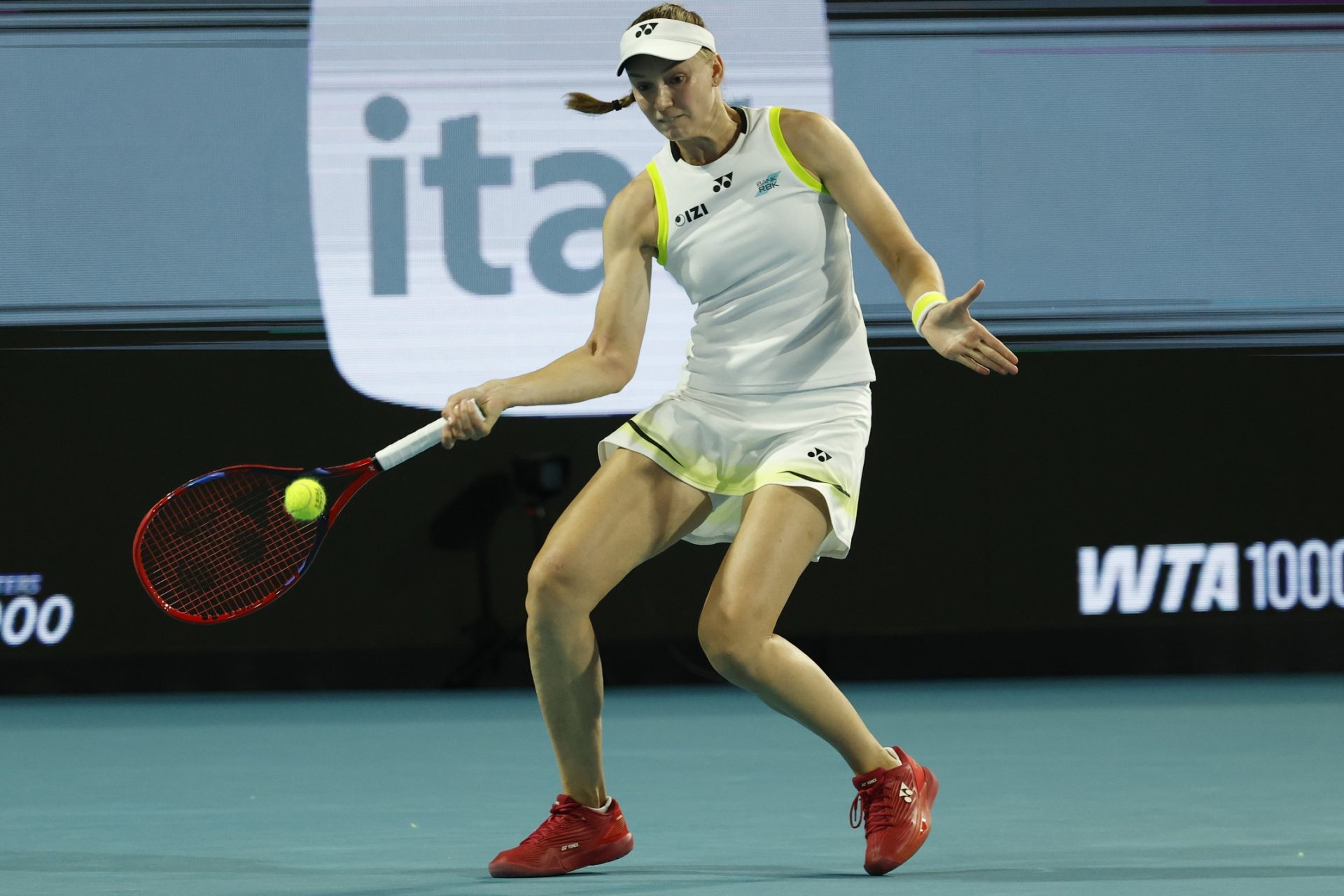 Mar 23, 2026; Miami Gardens, FL, USA; Elena Rybakina (KAZ) hits a forehand against Talia Gibson (AUS) (not pictured) on day 7 of the 2026 Miami Open at Hard Rock Stadium.