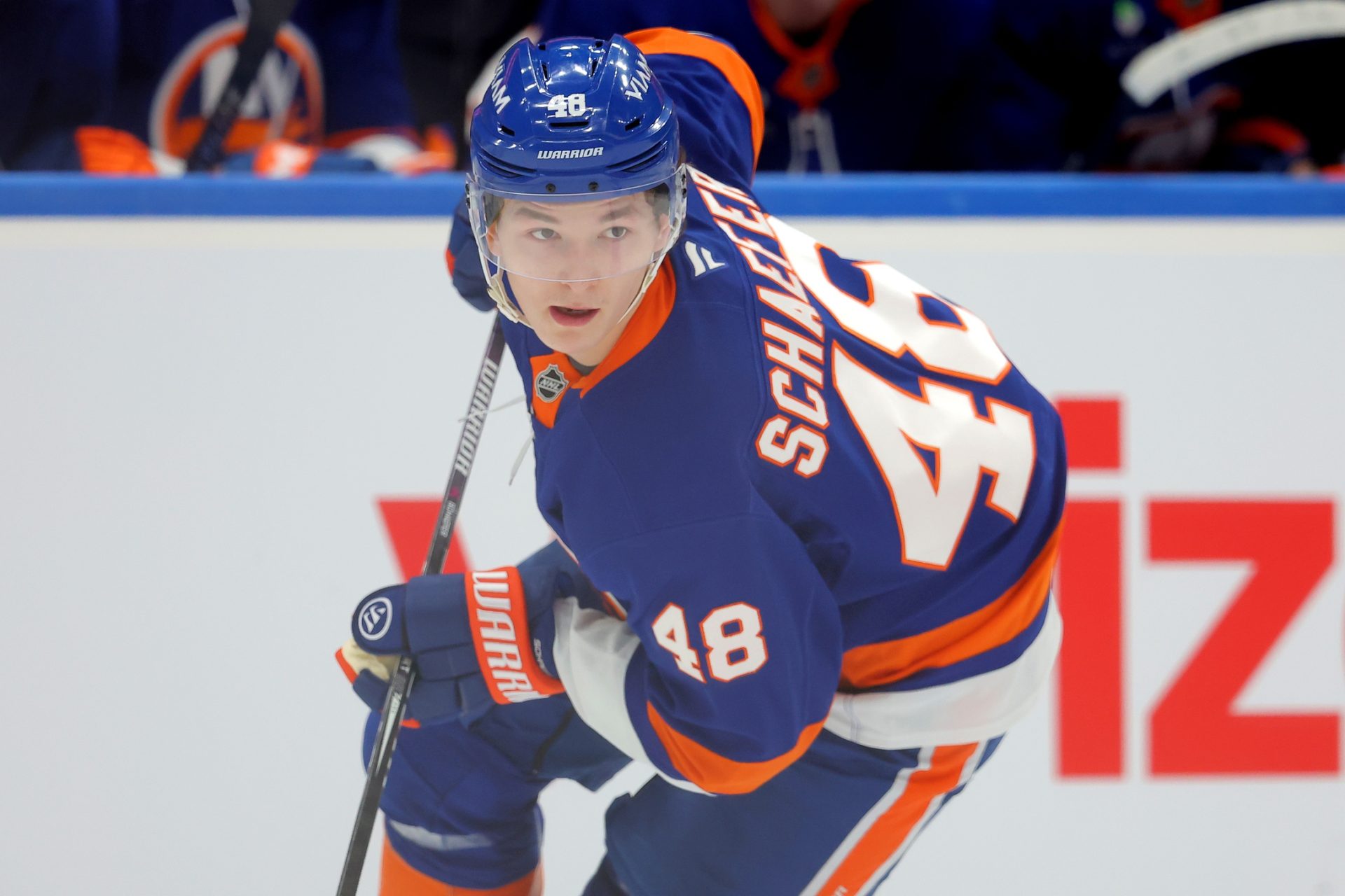 Mar 28, 2026; Elmont, New York, USA; New York Islanders defenseman Matthew Schaefer (48) skates against the Florida Panthers during the first period at UBS Arena.