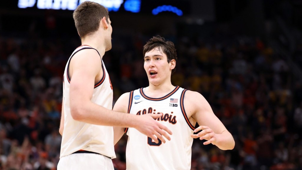 Mar 28, 2026; Houston, TX, USA; Illinois Fighting Illini forward David Mirkovic (0) and center Tomislav Ivisic (13) react in the second half against the Iowa Hawkeyes during an Elite Eight game of the South Regional of the men's 2026 NCAA Tournament at Toyota Center.
