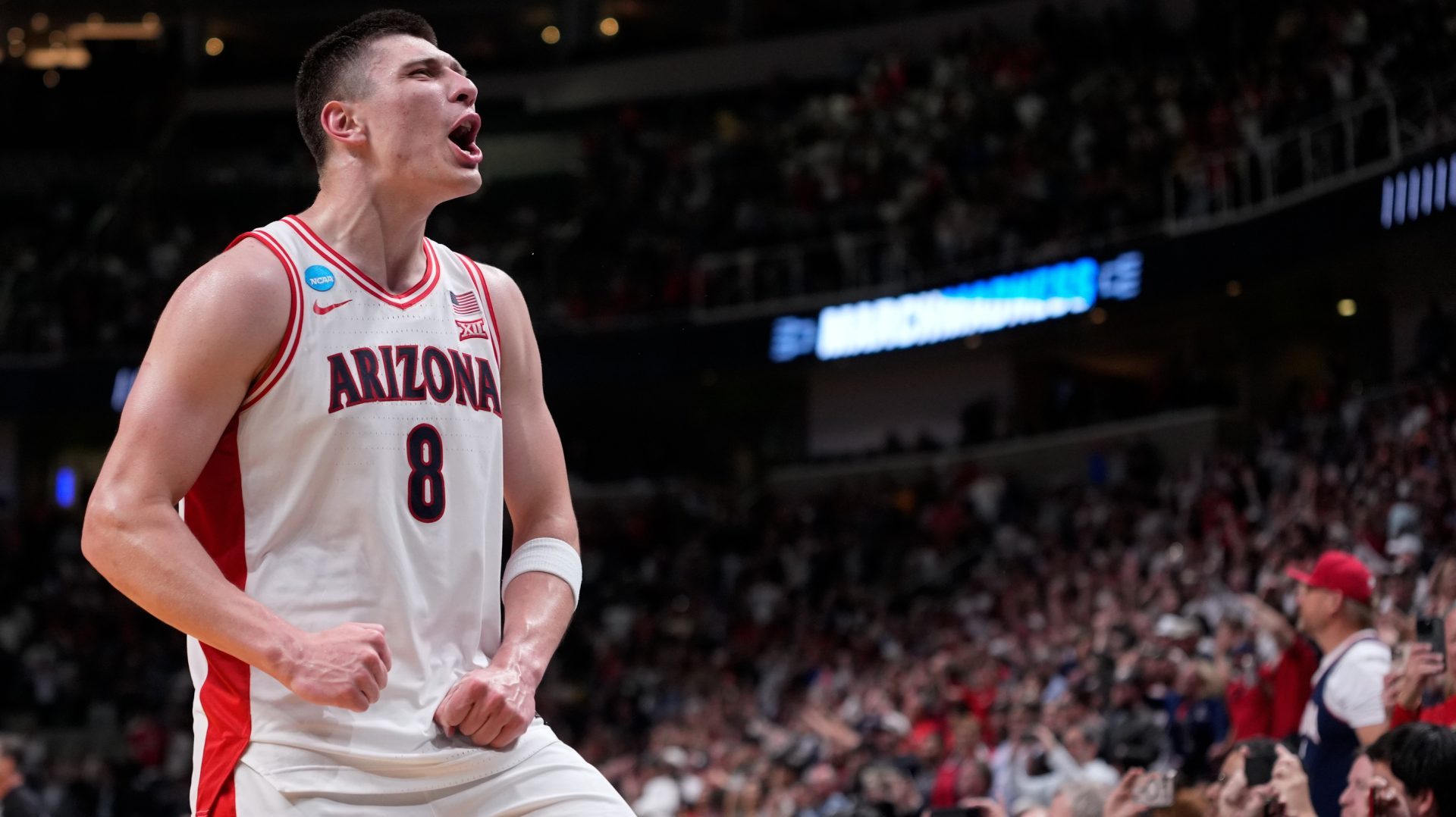 Mar 28, 2026; San Jose, CA, USA; Arizona Wildcats forward Ivan Kharchenkov (8) celebrates after an Elite Eight game against the Purdue Boilermakers of the West Regional of the men's 2026 NCAA Tournament at SAP Center