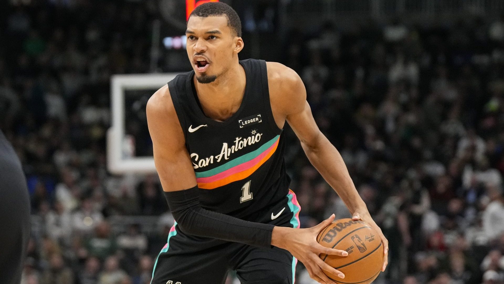 Mar 28, 2026; Milwaukee, Wisconsin, USA; San Antonio Spurs forward Victor Wembanyama (1) during the game against the Milwaukee Bucks at Fiserv Forum. Mandatory Credit: Jeff Hanisch-Imagn Images