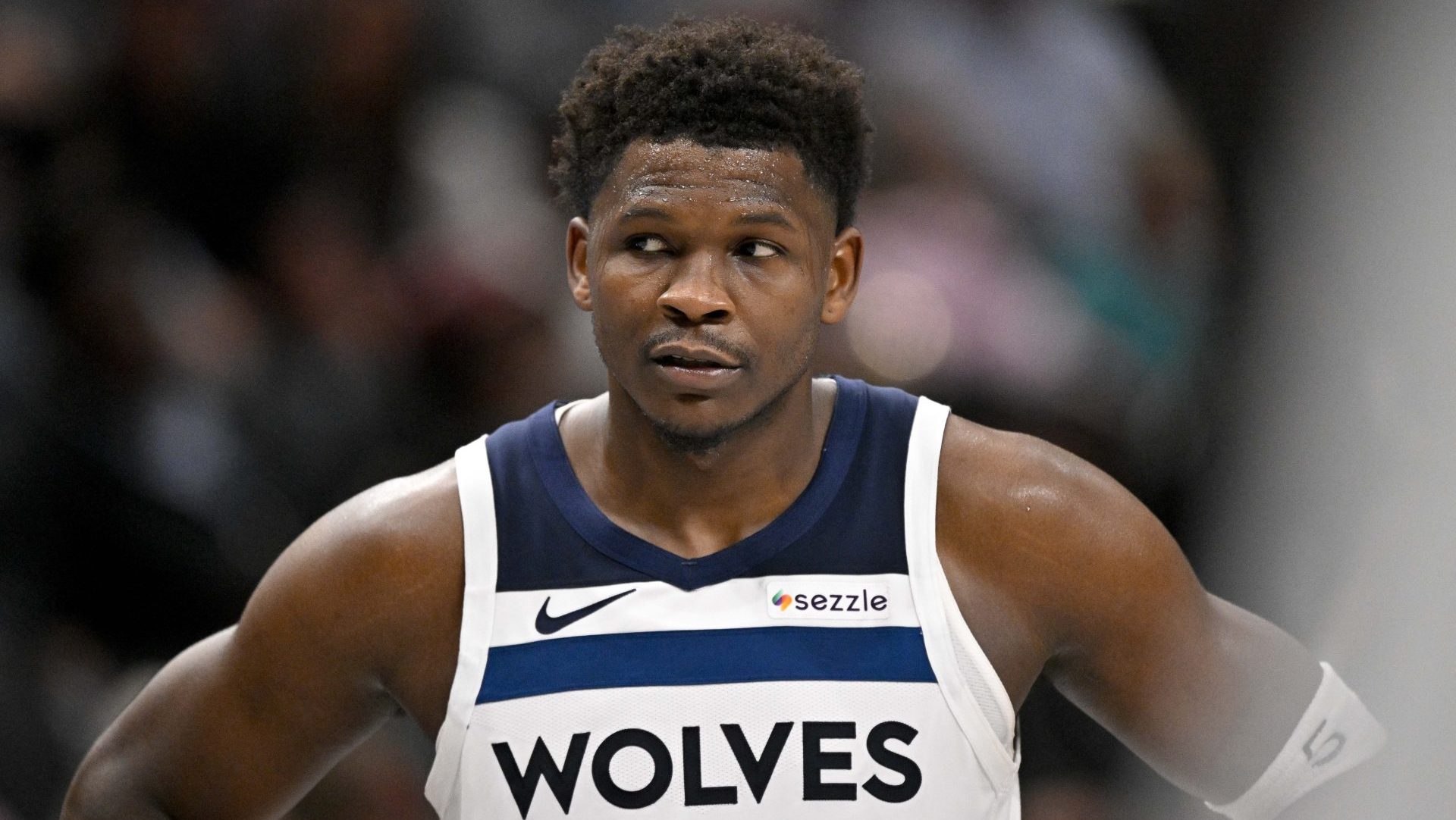 Mar 30, 2026; Dallas, Texas, USA; Minnesota Timberwolves guard Anthony Edwards (5) looks on during the second half against the Dallas Mavericks at the American Airlines Center.