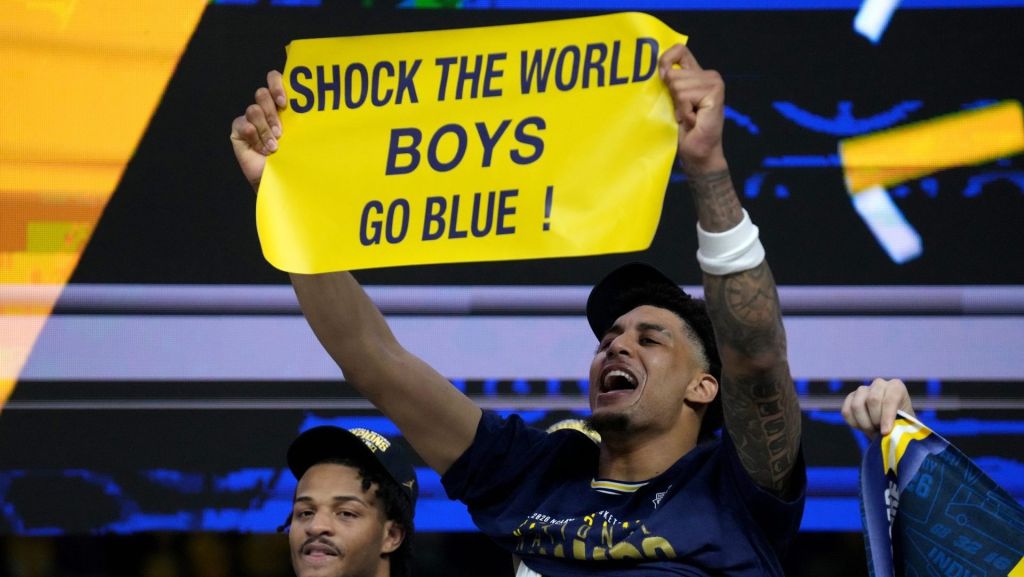Michigan Wolverines forward Yaxel Lendeborg (23) celebrates the team’s NCAA men's basketball tournament national championship victory Monday, April 6, 2026, after defeating the UConn Huskies 69-63 at Lucas Oil Stadium in Indianapolis.