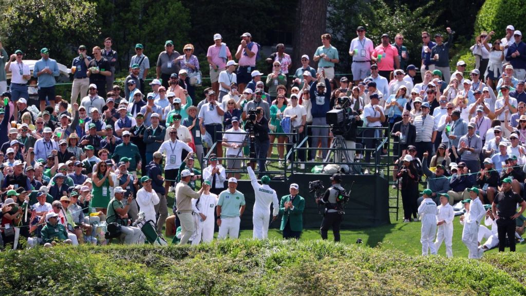 Apr 8, 2026; Augusta, Georgia, USA; Kevin Hart reacts after teeing off on the eighth hole during the Par 3 Contest at the Masters Tournament at Augusta National Golf Club. Mandatory Credit: Bill Streicher-Imagn Images