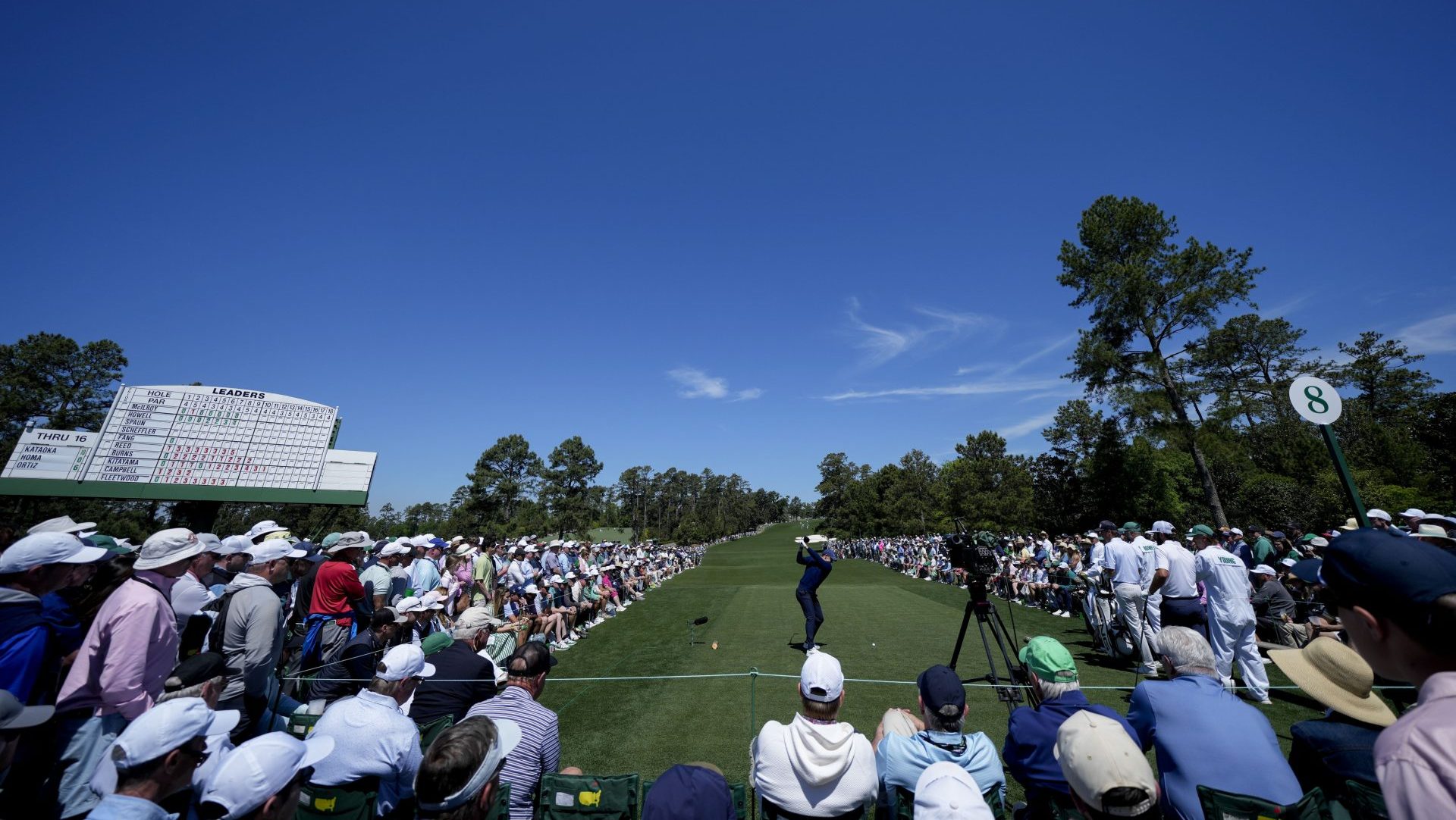 Apr 9, 2026; Augusta, Georgia, USA; Rory McIlroy tees off on the eighth hole during the first round of the Masters Tournament at Augusta National Golf Club. Mandatory Credit: Kyle Terada-Imagn Images