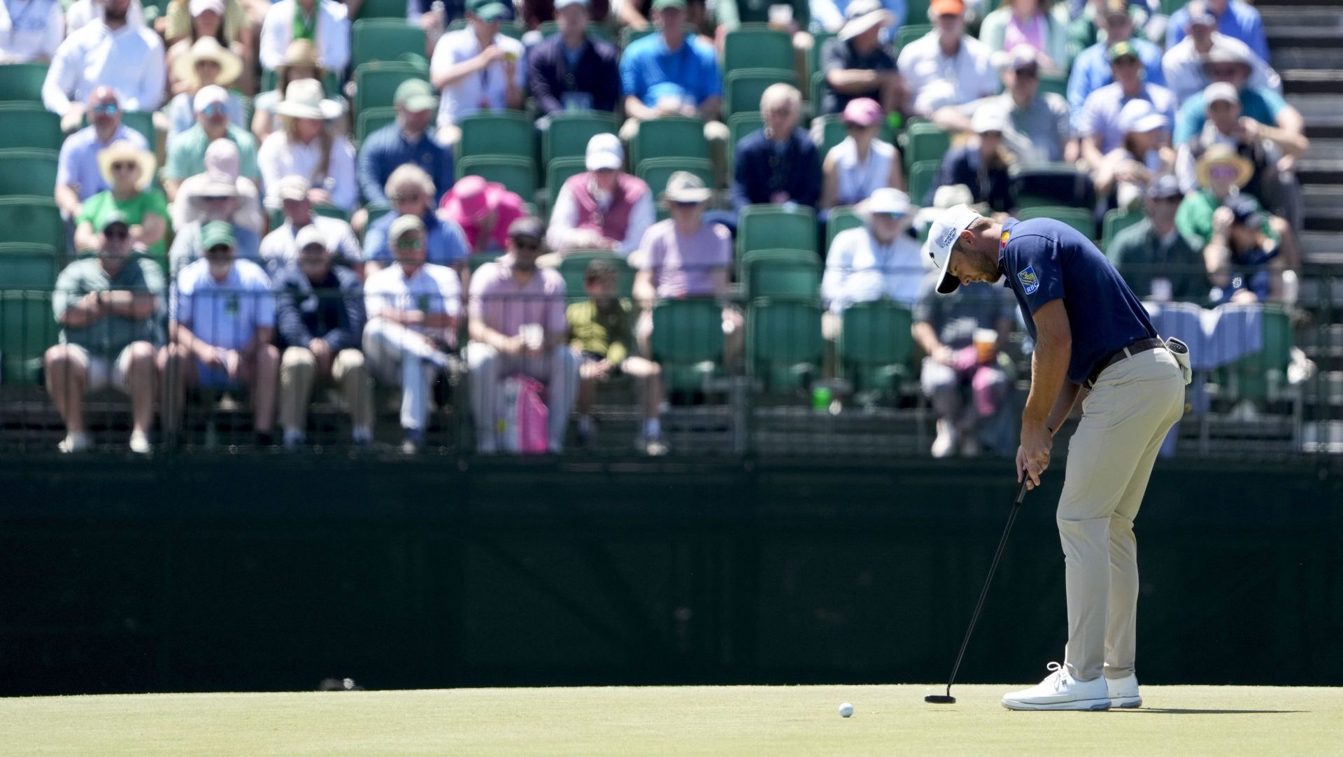 Apr 9, 2026; Augusta, Georgia, USA; Sam Burns putts on the 15th green during the first round of the Masters Tournament at Augusta National Golf Club. Mandatory Credit: Kyle Terada-Imagn Images