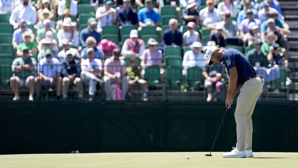 Apr 9, 2026; Augusta, Georgia, USA; Sam Burns putts on the 15th green during the first round of the Masters Tournament at Augusta National Golf Club. Mandatory Credit: Kyle Terada-Imagn Images