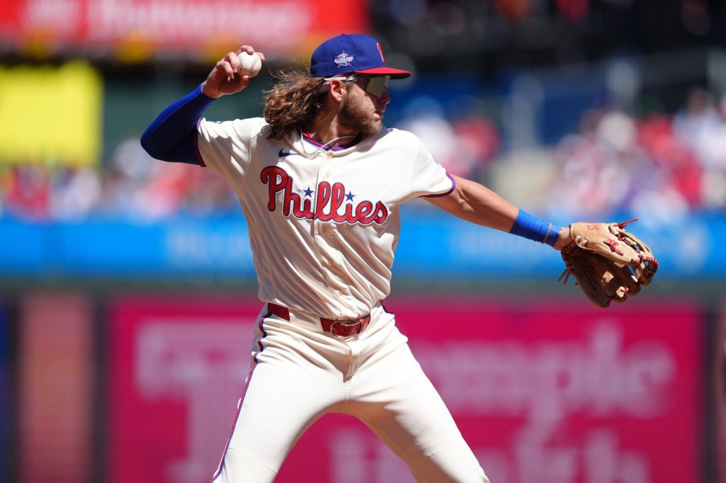 Apr 11, 2026; Philadelphia, Pennsylvania, USA; Philadelphia Phillies infielder Alec Bohm (28) throws to first against the Arizona Diamondbacks in the second inning at Citizens Bank Park.