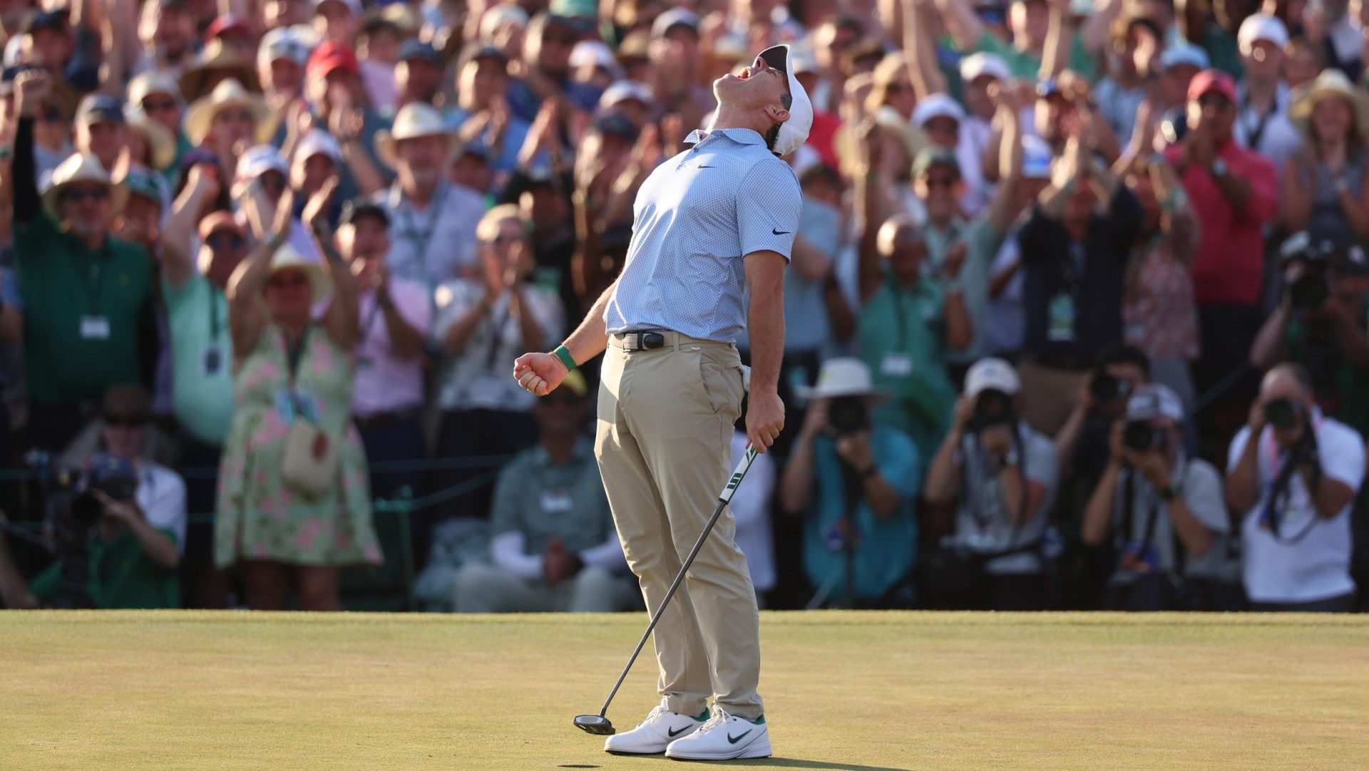 Apr 12, 2026; Augusta, Georgia, USA; Rory McIlroy celebrates after winning the Masters Tournament at Augusta National Golf Club. Mandatory Credit: Bill Streicher-Imagn Images