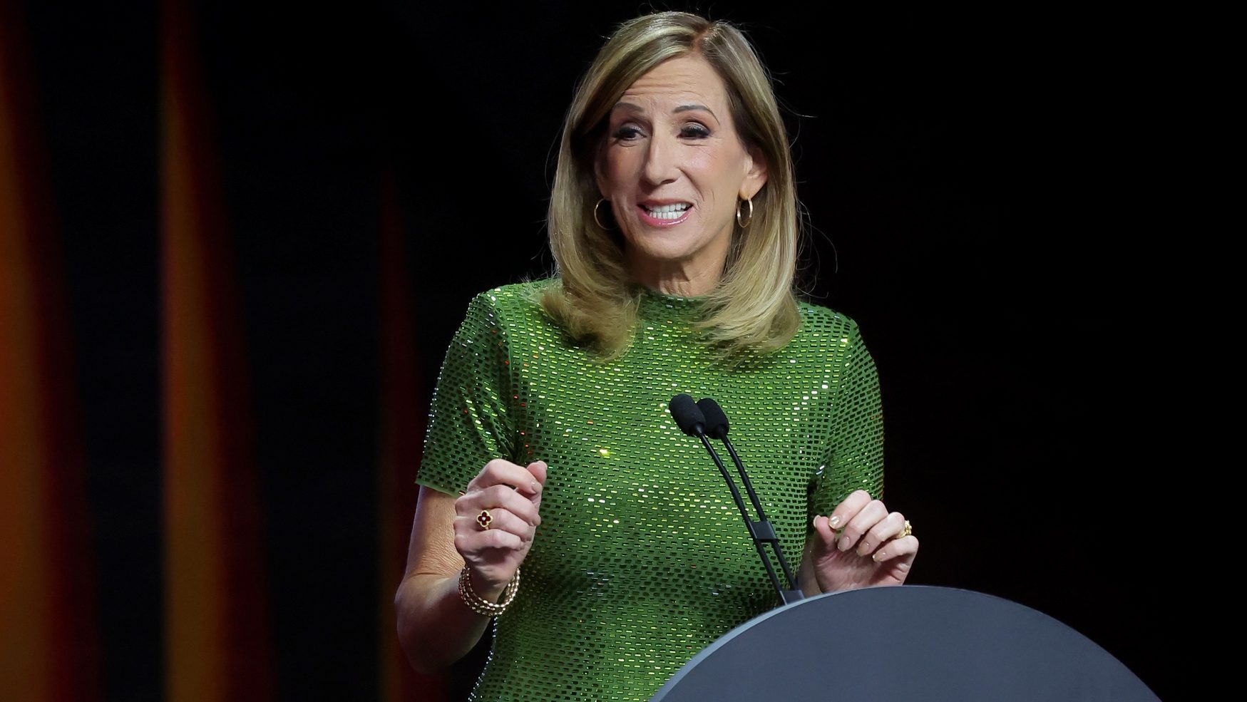 Apr 13, 2026; New York, NY, USA; WNBA Commissioner Cathy Engelbert speaks at the start of the 2026 WNBA Draft at The Shed at Hudson Yards. Mandatory Credit: Brad Penner-Imagn Images