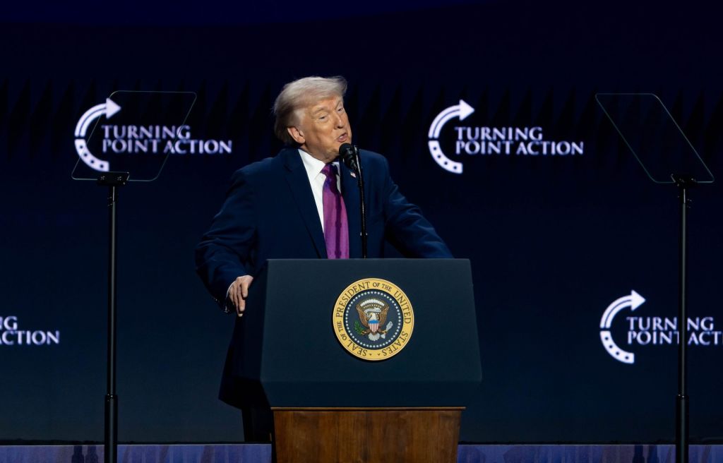 President Donald Trump speaks at the Build the Red Wall rally at Dream City Church in Phoenix on April 17, 2026.