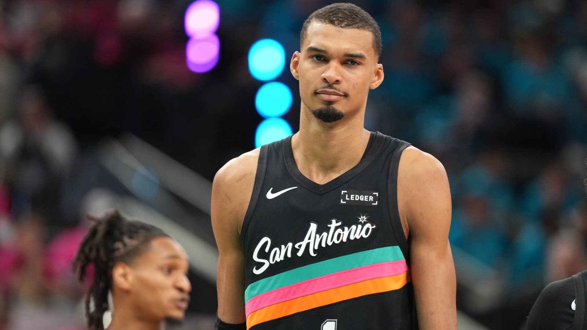 Apr 19, 2026; San Antonio, Texas, USA; San Antonio Spurs forward Victor Wembanyama (1) reacts to a call by an official during the second half of game one of the first round of the 2026 NBA Playoffs against the Portland Trail Blazers at Frost Bank Center. Mandatory Credit: Scott Wachter-Imagn Images