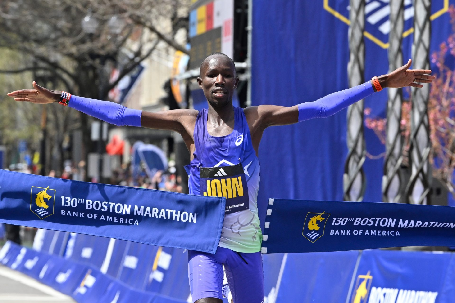 Apr 20, 2026; Boston, MA, USA; John Korir (1) wins the men's division at the 130th running of the Boston Marathon.