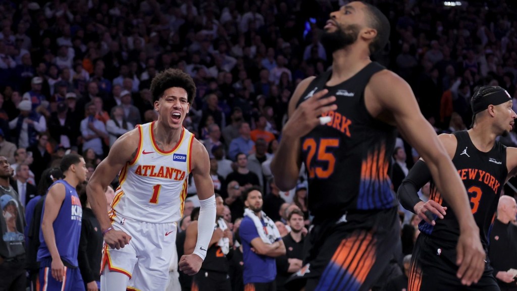 Apr 20, 2026; New York, New York, USA; Atlanta Hawks forward Jalen Johnson (1) reacts after a basket against New York Knicks guard Mikal Bridges (25) during the fourth quarter of game two of the first round of the 2026 NBA Playoffs at Madison Square Garden. Mandatory Credit: Brad Penner-Imagn Images