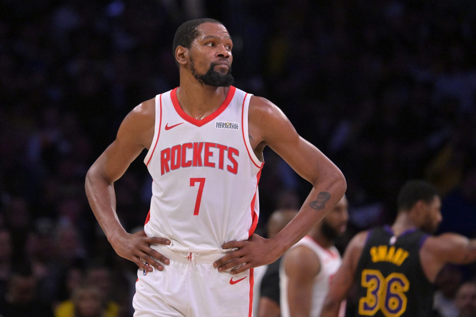 Apr 21, 2026; Los Angeles, California, USA; Houston Rockets forward Kevin Durant (7) looks on from the court in the second half of game two of the first round of the 2026 NBA Playoffs against the Los Angeles Lakers at Crypto.com Arena.