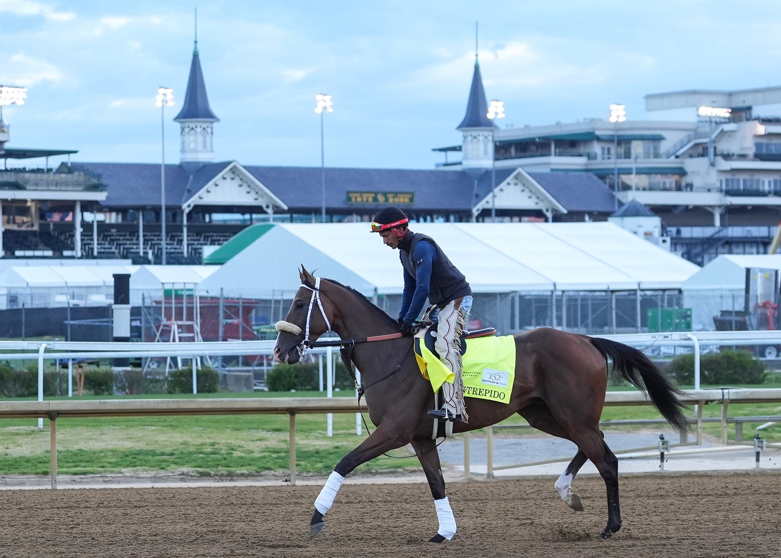 Exercise rider Alejandro Galindo with 2026 Kentucky Derby horse Intrepido on the track for a morning workout at Churchill Downs. The horse is trained by Jeff Mullins. The horse has earned $290,000 so far. April 22, 2026