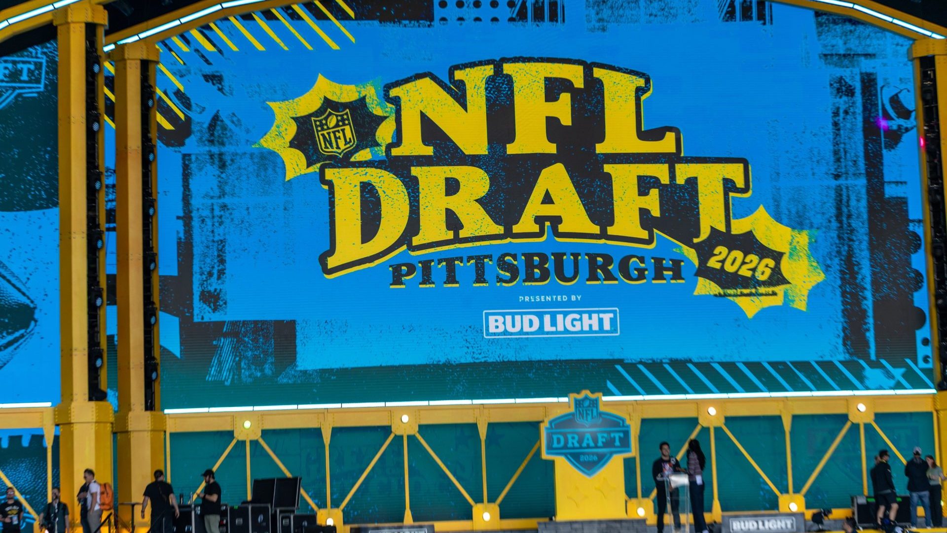 The logo of the 2026 NFL Draft is showcased at the big screen inside the theater Wednesday, April 22, 2026 from outside Acrisure Stadium in Pittsburgh, Pa.