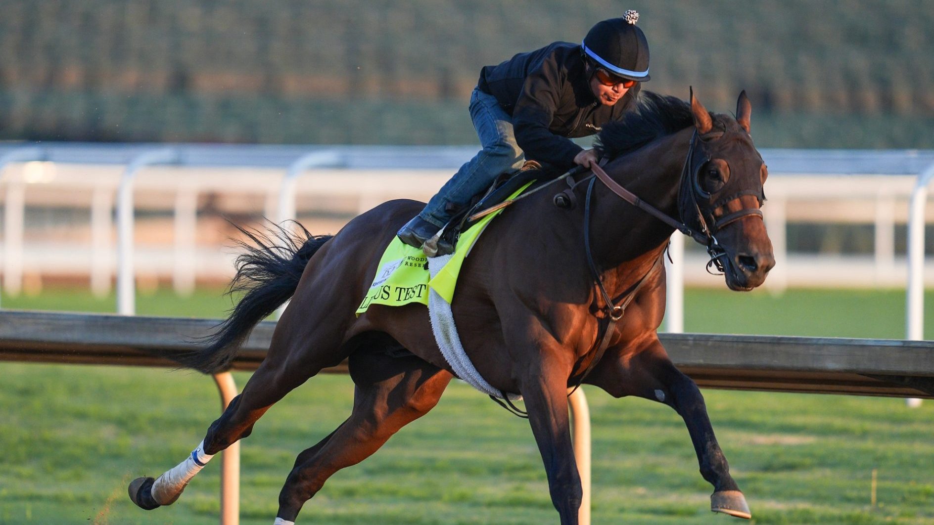2026 Kentucky Derby hopeful Litmus Test, ridden by Martin Garcia, works during morning training at Churchill Downs in Louisville, Kentucky. The Bob Baffert-trained horse is currently at No. 21 on the Kentucky Derby leaderboard. April 23, 2026