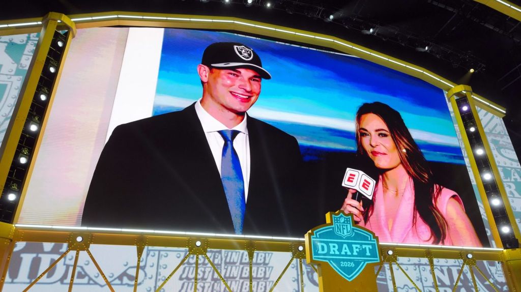 Apr 23, 2026; Pittsburgh, PA, USA; Indiana Hoosiers quarterback Fernando Mendoza is selected by the Las Vegas Raiders as the number one pick during the 2026 NFL Draft at Acrisure Stadium