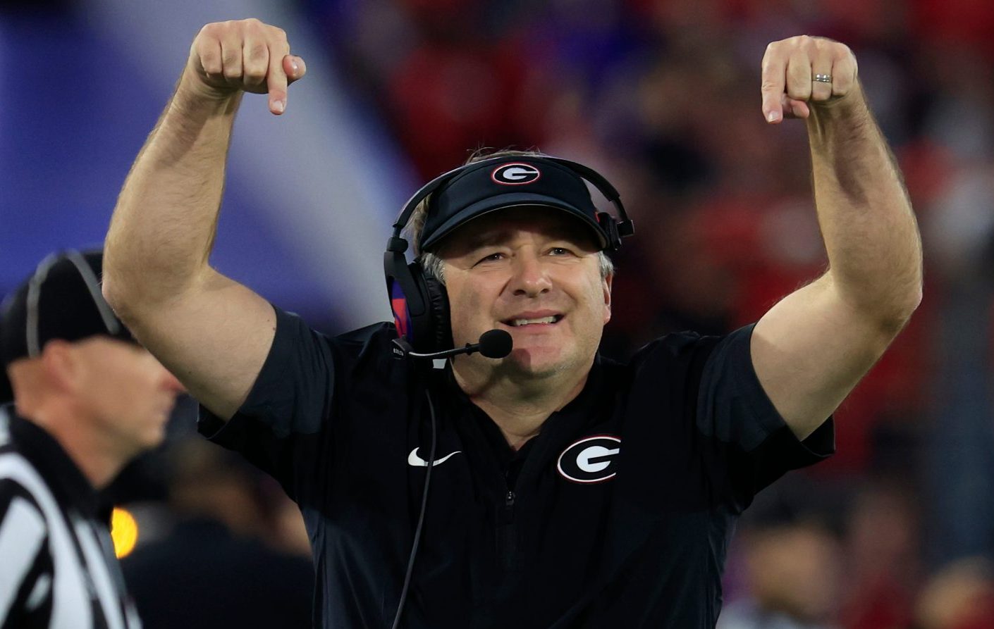 Georgia Bulldogs head coach Kirby Smart tells the students section to sit down during the fourth quarter of an NCAA football game, Saturday, Nov. 1, 2025, at EverBank Stadium in Jacksonville, Fla. Georgia held off Florida 24-20.