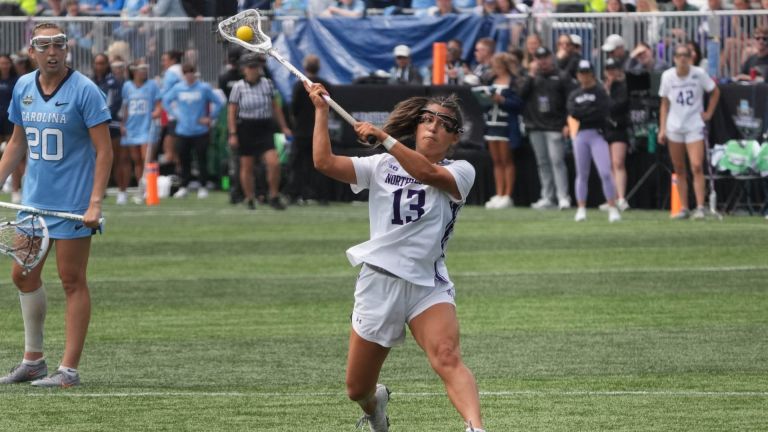 May 24, 2026; Evanston, IL, USA; Northwestern Wildcats attack Kathryn Ratanaproeksa (13) shoots against the North Carolina Tar Heels during the first half at Martin Stadium