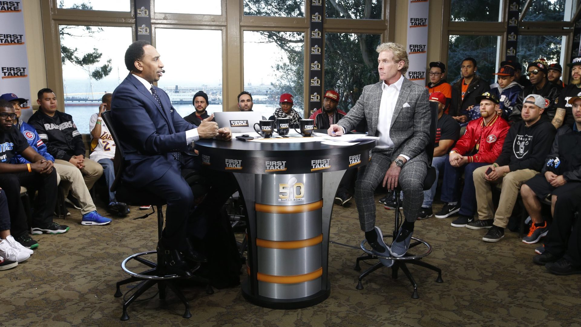 San Francisco, CA - February 5, 2016- The GeneralÕs Residence at Fort Mason: Stephen A. Smith and Skip Bayless on the remote set of First Take during coverage for Super Bowl 50.(Photo by Tony Avelar / ESPN Images)