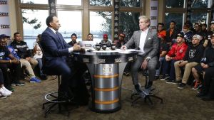 San Francisco, CA - February 5, 2016- The GeneralÕs Residence at Fort Mason: Stephen A. Smith and Skip Bayless on the remote set of First Take during coverage for Super Bowl 50.(Photo by Tony Avelar / ESPN Images)