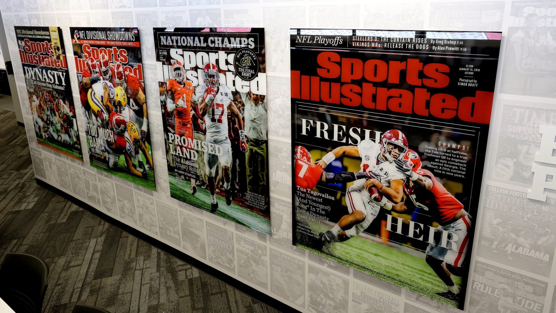 The University of Alabama showed off renovations to Bryant Denny Stadium Thursday, Oct. 1, 2020. Sports Illustrated covers decorate the walls inside the new press box. [Staff Photo/Gary Cosby Jr.]