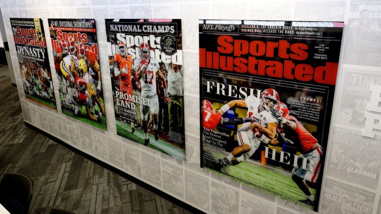 The University of Alabama showed off renovations to Bryant Denny Stadium Thursday, Oct. 1, 2020. Sports Illustrated covers decorate the walls inside the new press box. [Staff Photo/Gary Cosby Jr.]