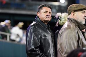 Nov 12, 2022; New Orleans, Louisiana, USA; LSU Tigers former head coach Ed Orgeron watches a game between the Tulane Green Wave and the UCF Knights from the sidelines at Yulman Stadium.