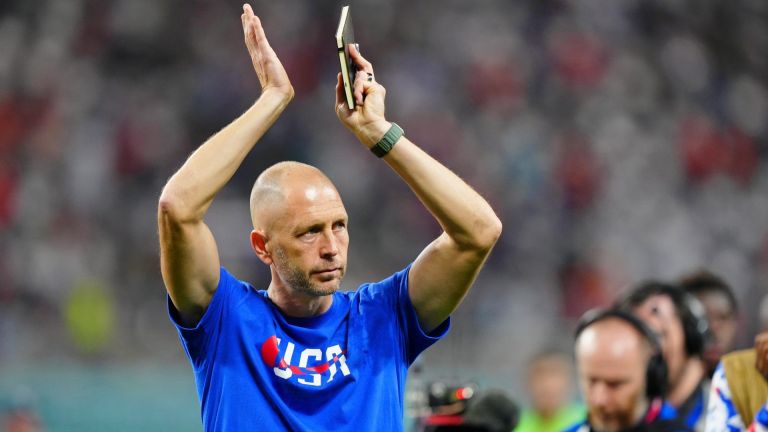 Dec 3, 2022; Al Rayyan, Qatar; United States of America manager Gregg Berhalter acknowledges fans after losing a round of sixteen match against the Netherlands in the 2022 FIFA World Cup at Khalifa International Stadium. Mandatory Credit: Danielle Parhizkaran-USA TODAY Sports