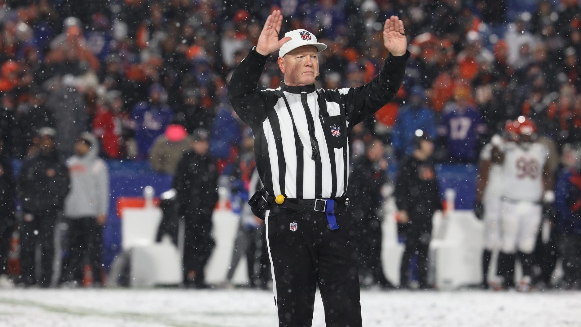 NFL Referee Carl Cheffers signals a penalty during the Buffalo Bills game against the Cincinnati Bengals at home in Orchard Park on Jan. 22.