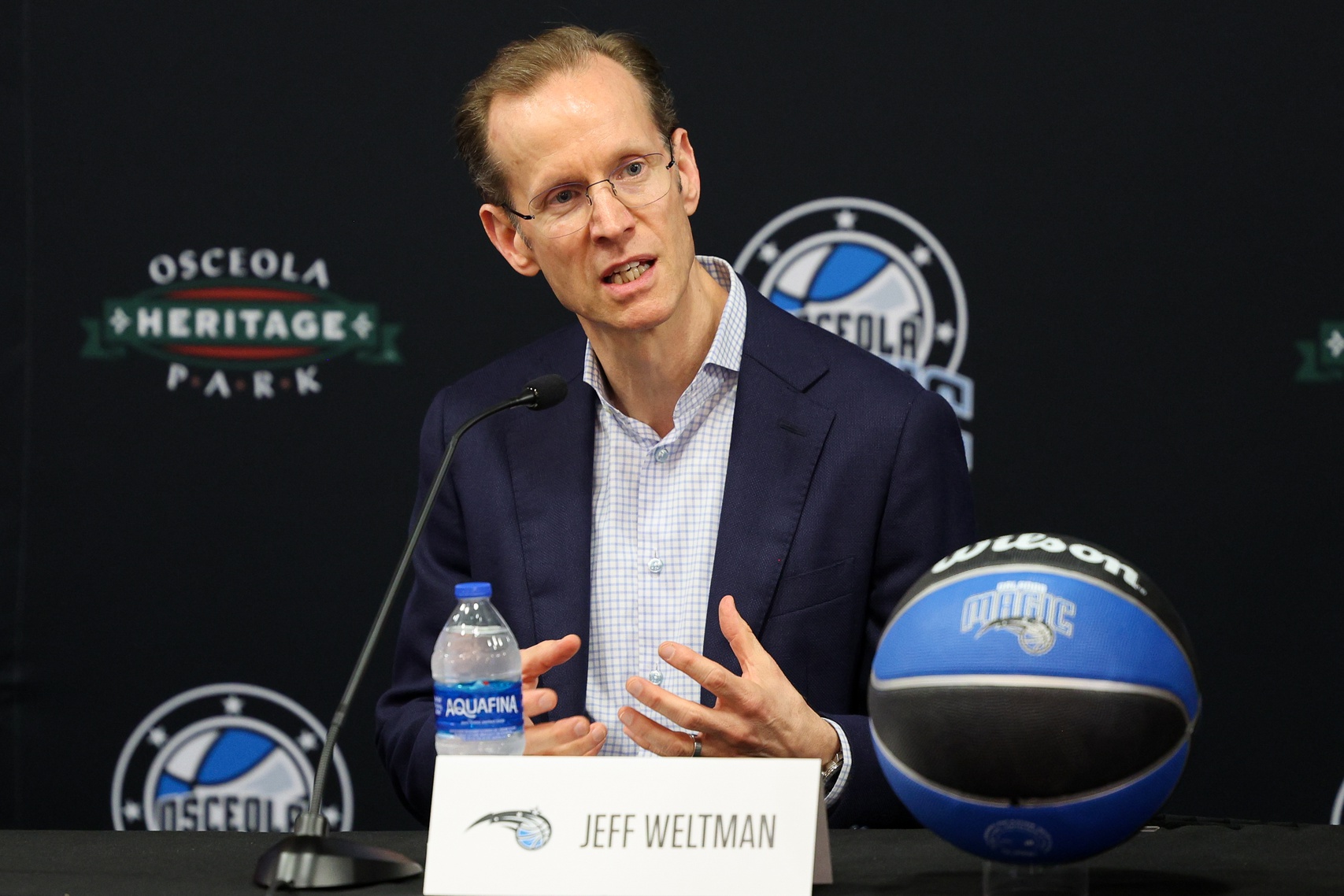 Apr 11, 2023; Orlando, Florida, USA; Orlando Magic president of basketball operations Jeff Weltman speaks during a press conference for the new Orlando Magic G-League stadium at Osceola Heritage Park.