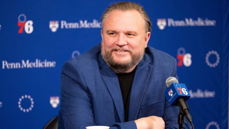 Dec 15, 2023; Philadelphia, Pennsylvania, USA; Philadelphia 76ers resident of Basketball Operations Daryl Morey speaks with the media before a game against the Detroit Pistons at Wells Fargo Center. Mandatory Credit: Bill Streicher-USA TODAY Sports