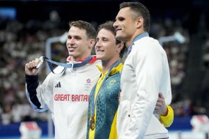 Aug 2, 2024; Nanterre, France; Benjamin Proud (Great Britain), Cameron McEvoy (Australia) and Florent Manaudou (France) in the men’s 50-meter freestyle medal ceremony during the Paris 2024 Olympic Summer Games at Paris La Défense Arena.