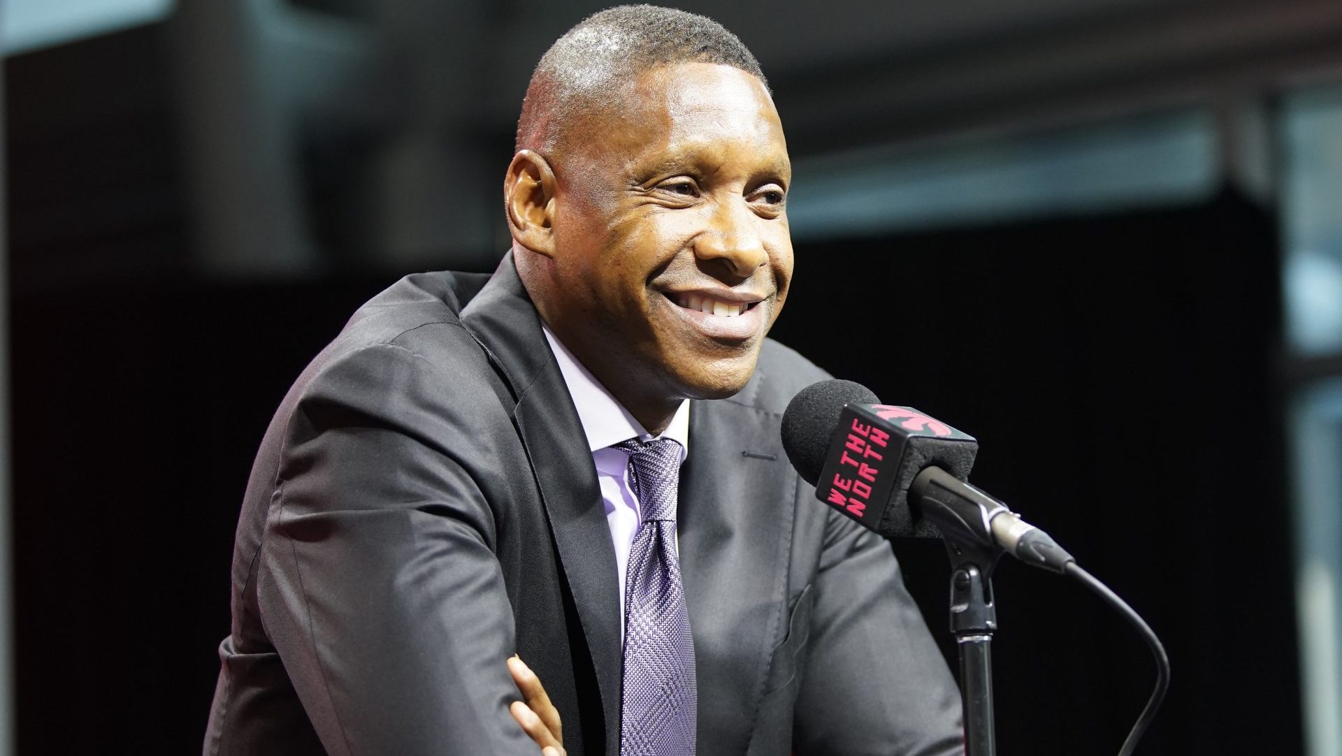 Sep 30, 2024; Toronto, Ontario, Canada; Toronto Raptors vice chairman and team president Masai Ujiri talks to the media during media day at Scotiabank Area. Mandatory Credit: John E. Sokolowski-Imagn Images
