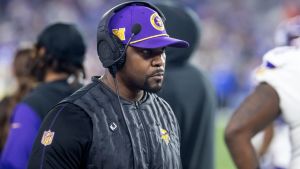 Jan 13, 2025; Glendale, AZ, USA; Minnesota Vikings defensive coordinator Brian Flores against the Los Angeles Rams during an NFC wild card game at State Farm Stadium. Mandatory Credit: Mark J. Rebilas-Imagn Images