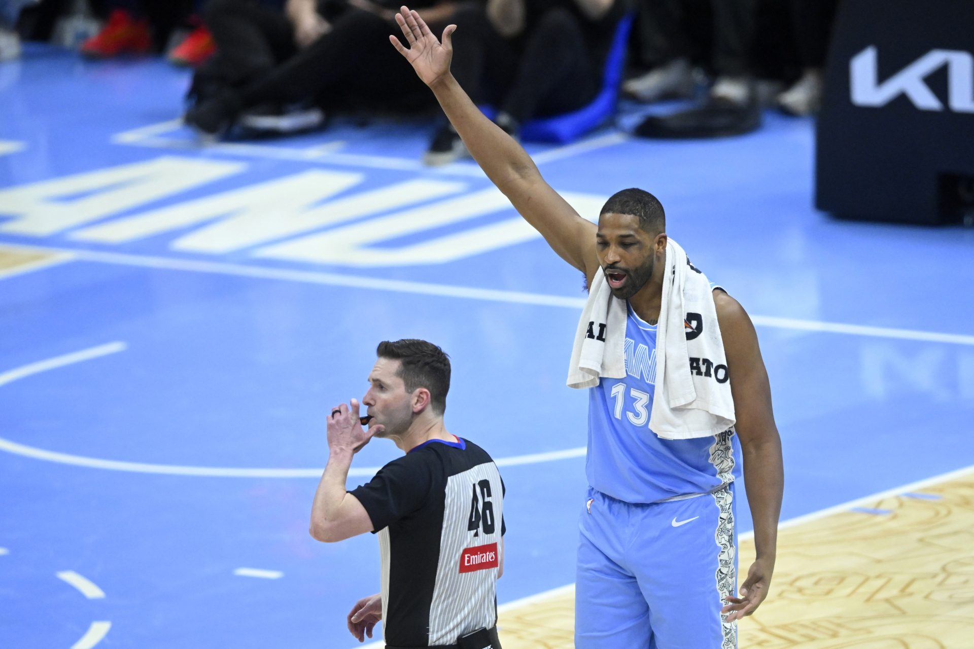Mar 27, 2025; Cleveland, Ohio, USA; Cleveland Cavaliers center Tristan Thompson (13) reacts beside referee Ben Taylor (46) after he was ejected from the game in the fourth quarter against the San Antonio Spurs at Rocket Arena.