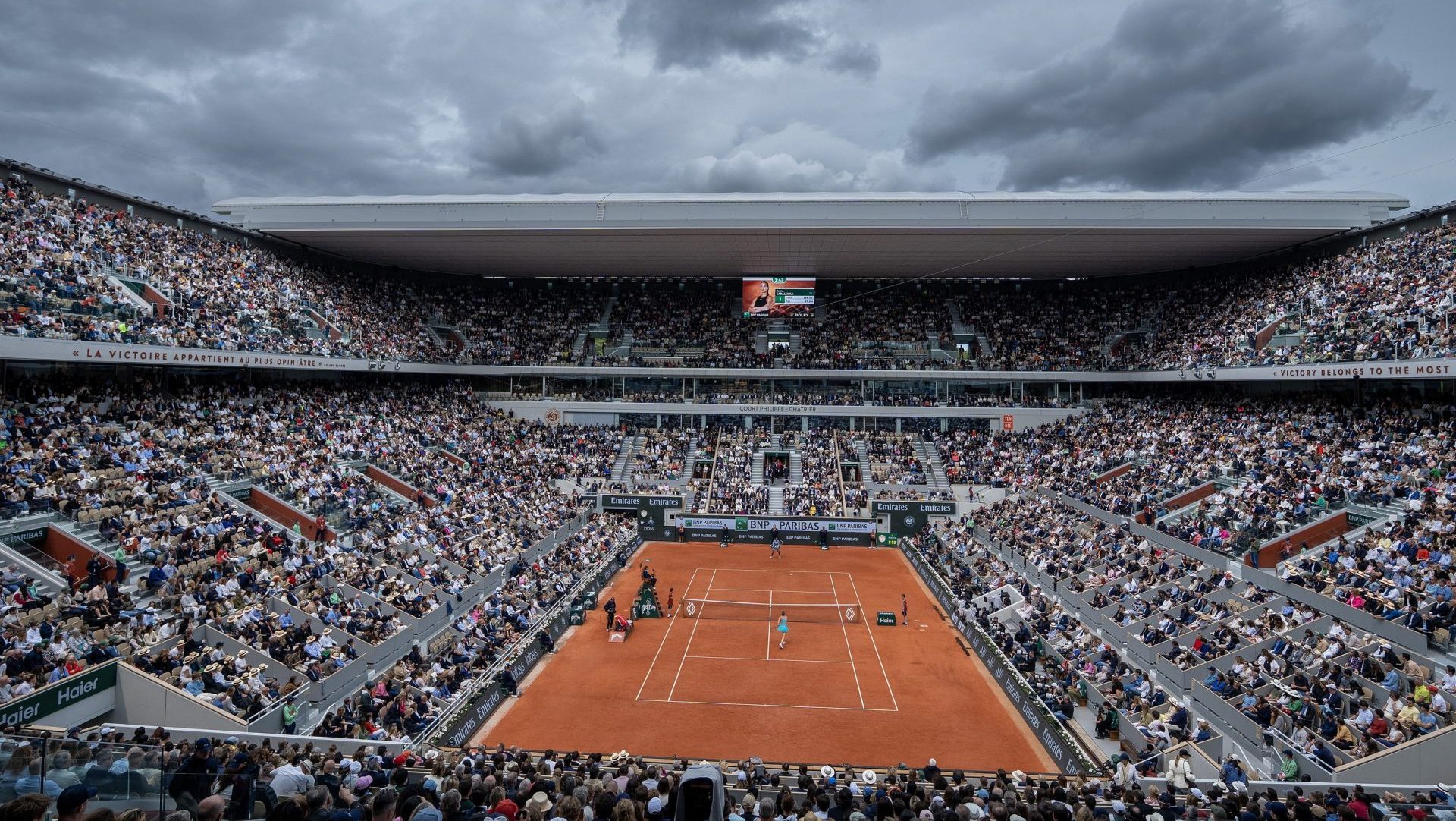 Jun 7, 2025; Paris, FR; General view of Court Philippe Chatrier for the Coco Gauff of the United States and Aryna Sabalenka womenÕs final on day 14 at Roland Garros Stadium. Mandatory Credit: Susan Mullane-Imagn Images