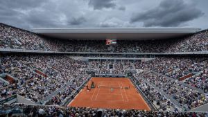 Jun 7, 2025; Paris, FR; General view of Court Philippe Chatrier for the Coco Gauff of the United States and Aryna Sabalenka womenÕs final on day 14 at Roland Garros Stadium. Mandatory Credit: Susan Mullane-Imagn Images