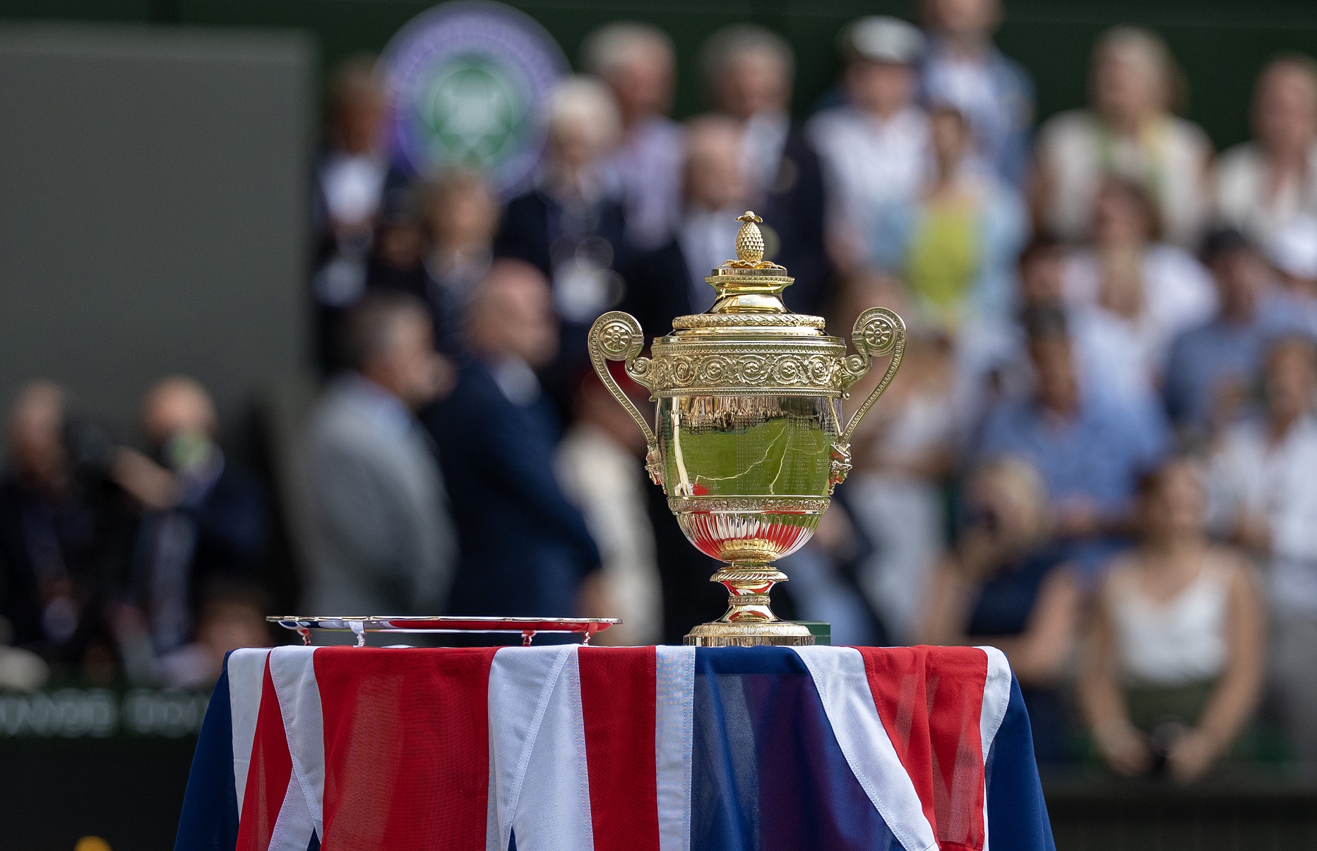 Jul 13, 2025; Wimbledon, United Kingdom; The trophies for the menÕs singles final on day 14 at All England Lawn Tennis and Croquet Club.