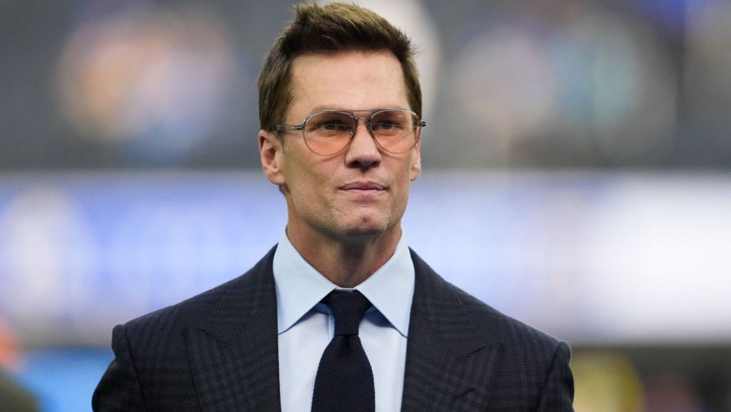 Dec 14, 2025; Inglewood, California, USA; Fox broadcaster Tom Brady is seen prior to the game between the Detroit Lions and the Los Angeles Rams at SoFi Stadium. Mandatory Credit: Kirby Lee-Imagn Images